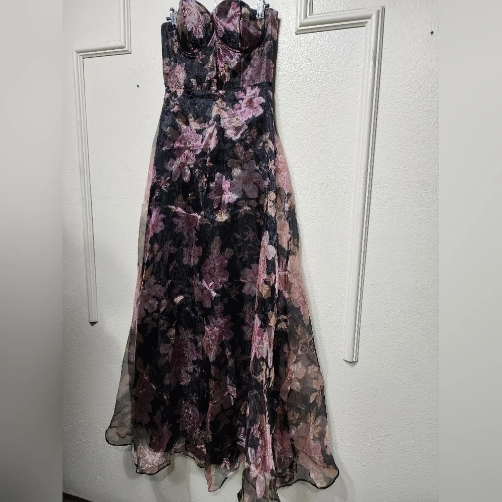 Lulus Exclusive Glamour Black Floral Organza Strapless Maxi Dress S Wedding